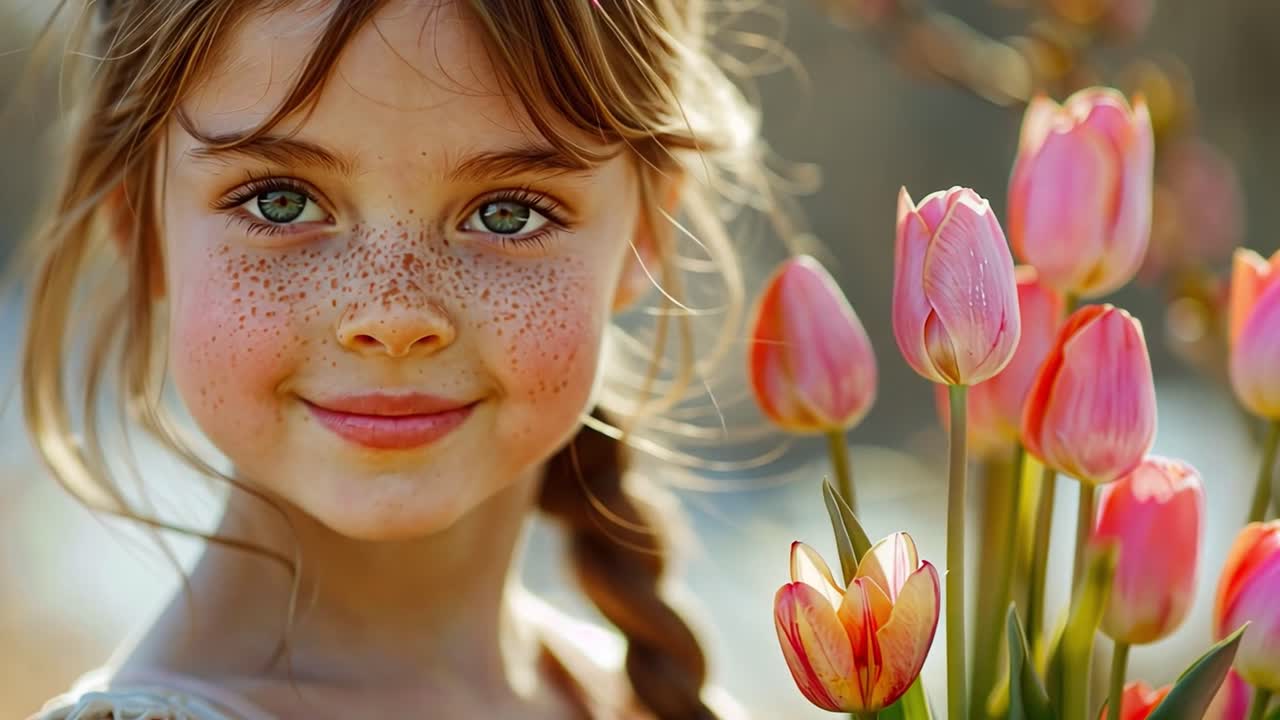 A close-up portrait of a smiling girl with freckles and tulips