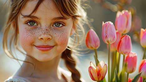 a close-up portrait of a smiling girl with freckles and tulips