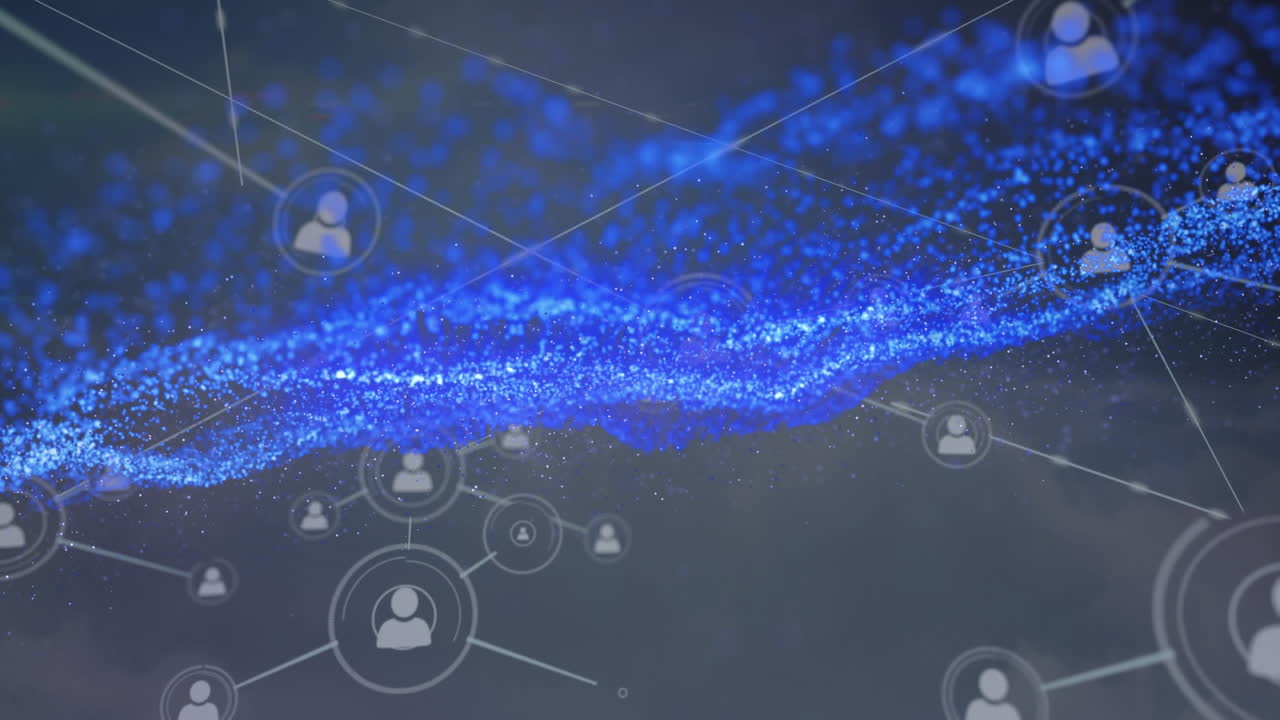 animación de la red de conexiones a través de senderos de luz brillante e iconos digitales