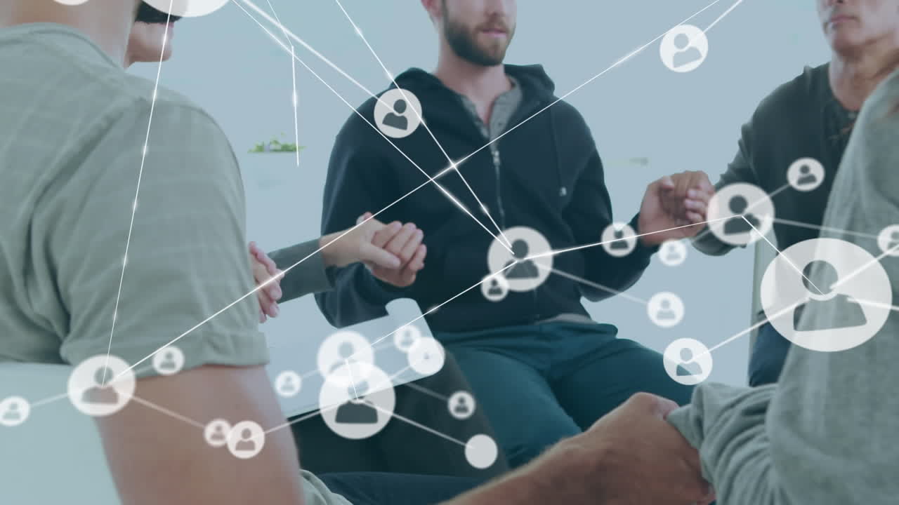 그룹 테라피에 참여하는 다양한 사람들에게 아이콘으로 연결된 네트워크의 애니메이션