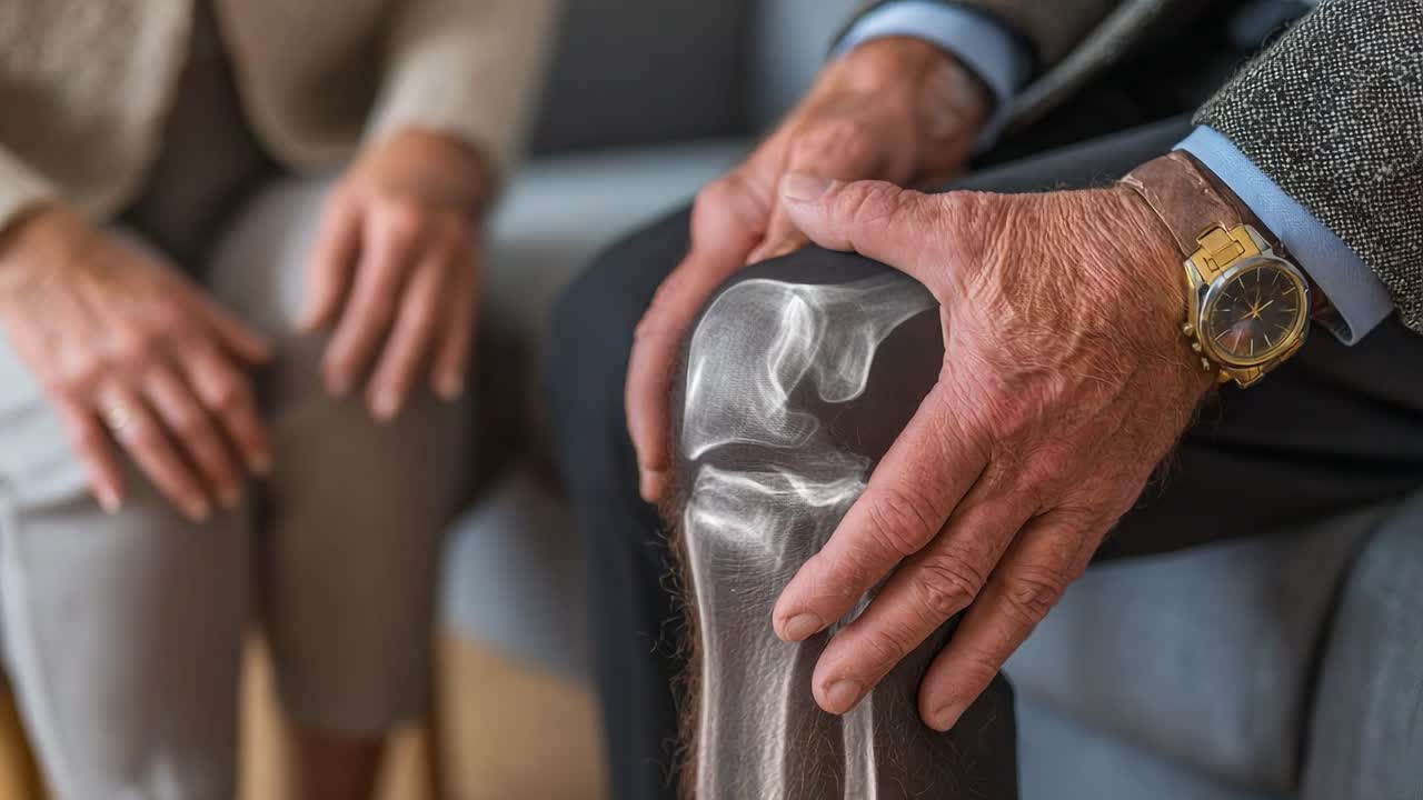 A Close-Up of a Person's Hand Grasping a Knee, Illustrating Pain Management and Care in a Comforting Setting, with a Supportive Individual Nearby