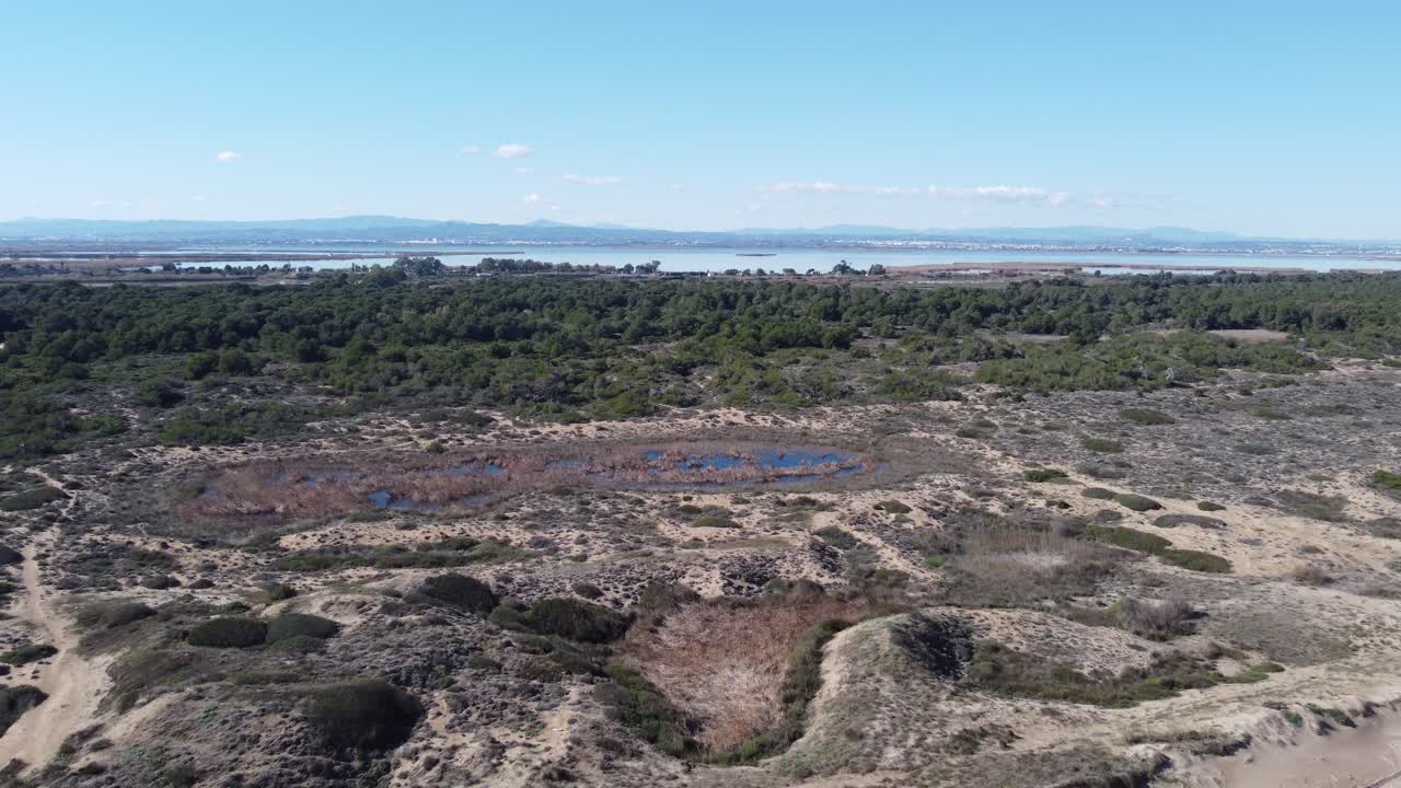 4K Drone Ascending Diagonal Over Albufera, Pine Forest, Mediterranean Beach, and Mountains in Valencia, Spain