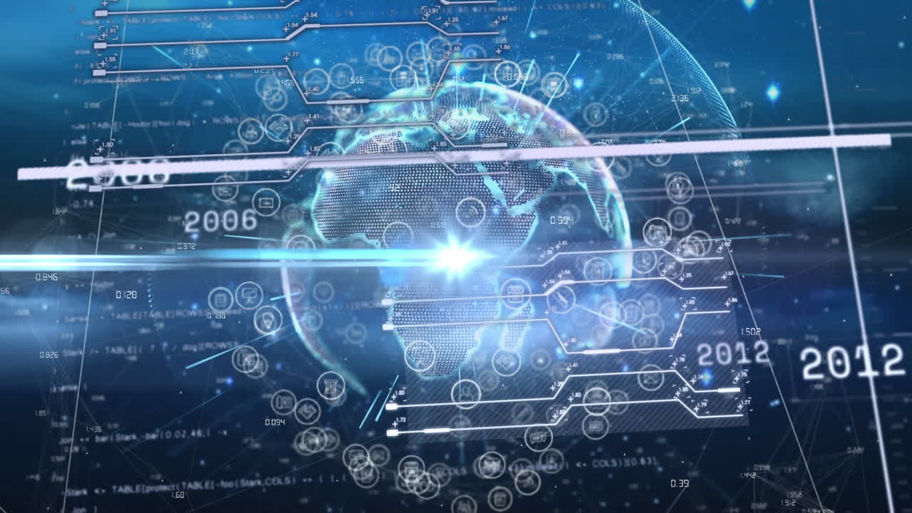 아이콘, 지도, 숫자 및 연도와 함께 움직이는 화면으로 조명 된 지구의 애니메이션