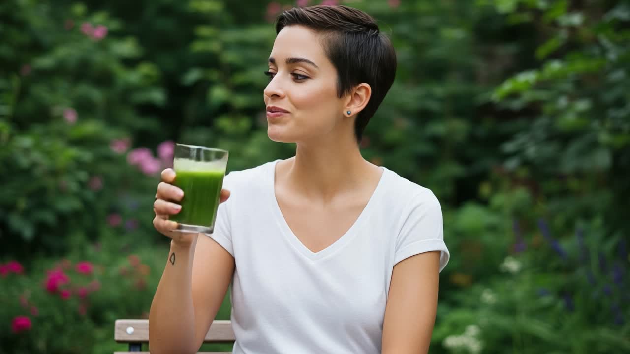 Refreshing Green Drink: A Woman Enjoys a Healthy Beverage in a Lush Garden Setting, Emphasizing Wellness and Nature