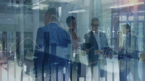 animation of financial graphs over back view of caucasian businessman walking in office