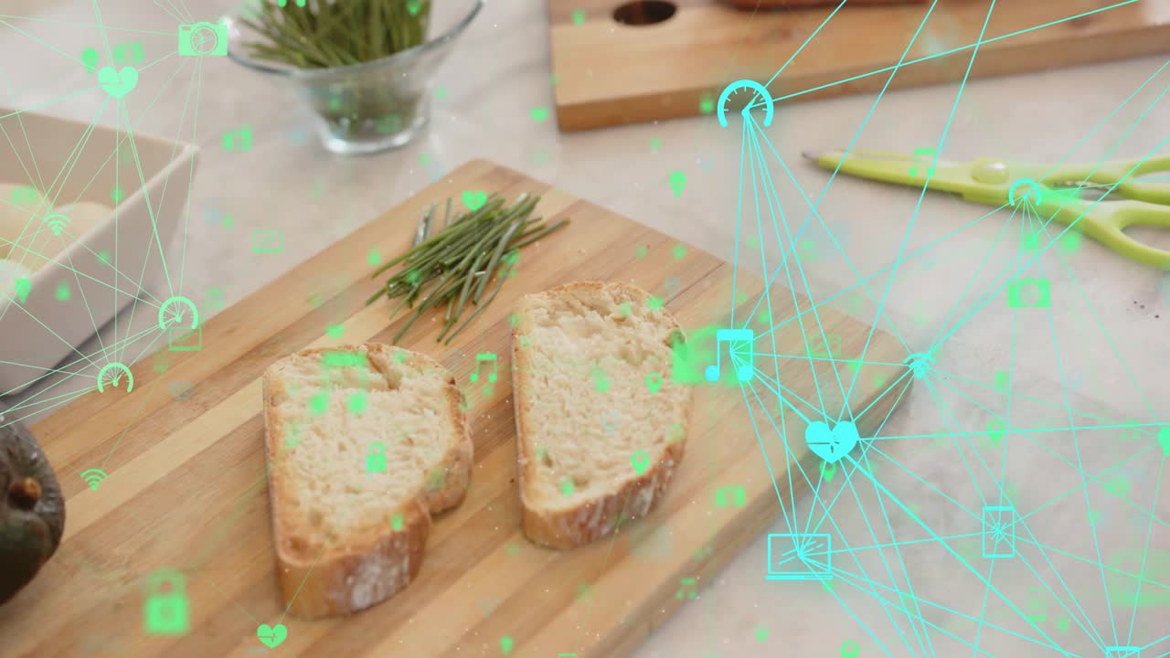 Camera panning right and zooming, cyan icons drifting while guacamole sliding left revealing bread