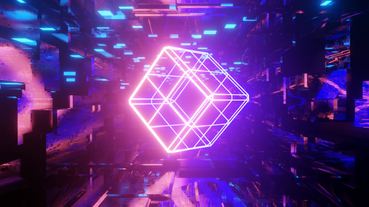 Cube. 3d object or structure rotates and moves inside glass mirror tunnel with neon light, bright reflections. Fantastic abstract bg looped in 4k. Vj for show. Sci fi bg fly through hi tech tunnel