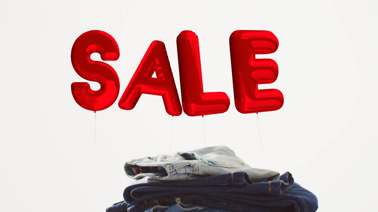 색 배경에 젠임 바지 위에 판매 은 풍선 텍스트의 애니메이션