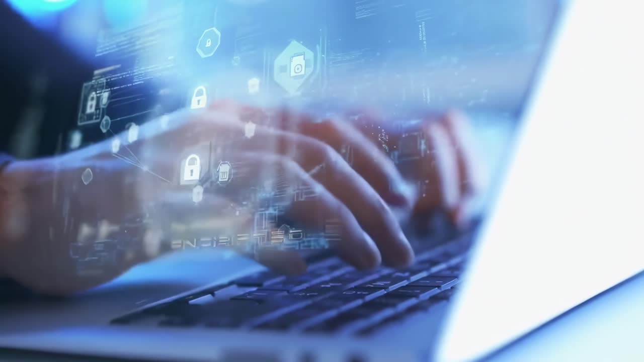 Close-up angle of hands typing on a keyboard with digital security icons overlay in a tech video