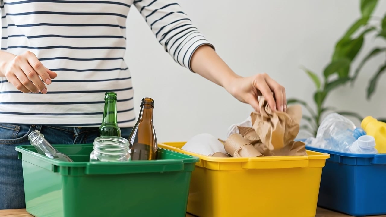 Close-up of a person sorting glass bottles and paper into colorful recycling bins