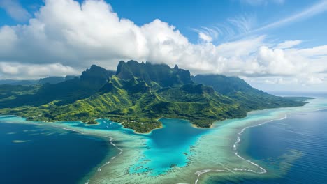 capturing an aerial view of moorea island reveals stunning green tropical mountains rising above a vibrant turquoise lagoon, all under a beautifully textured cloudy sky in french polynesia