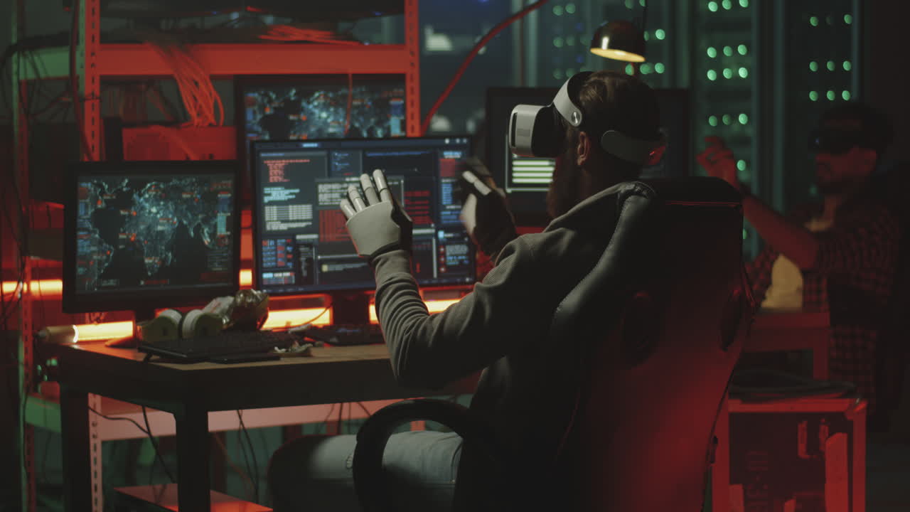 Virtual Reality Cybersecurity Specialist in Server Room