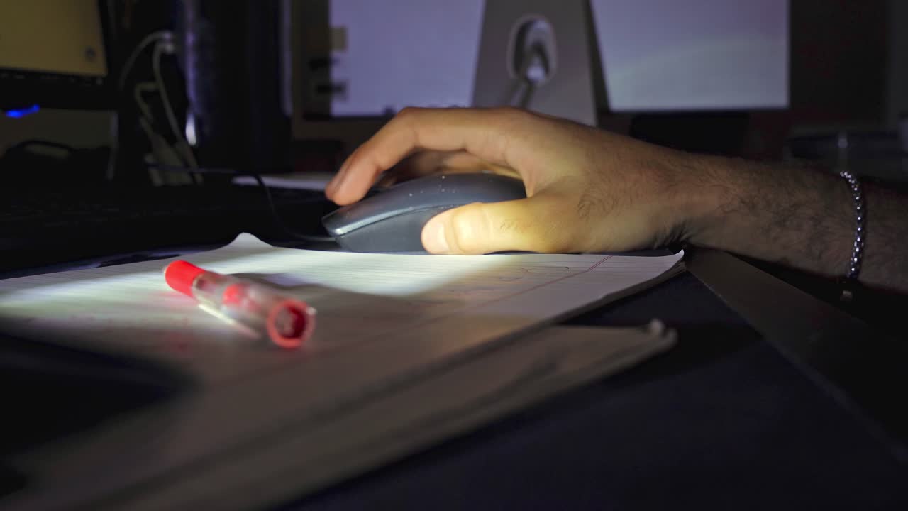 La mano di un uomo che usa un mouse del computer su una scrivania in una stanza buia di notte. Una penna rossa e della carta sono visibili in primo piano con schermi sfocati sullo sfondo. Illuminazione ad alto contrasto.