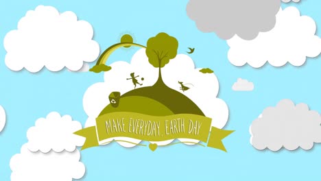 Animation-of-make-everyday-earth-day-and-island-with-tree-and-person-on-sky