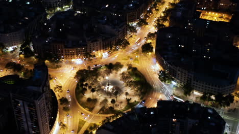 Barcelona-Aerial-view-of-Grand-Via-with-Plaça-de-Tetuan-at-night,-Spain