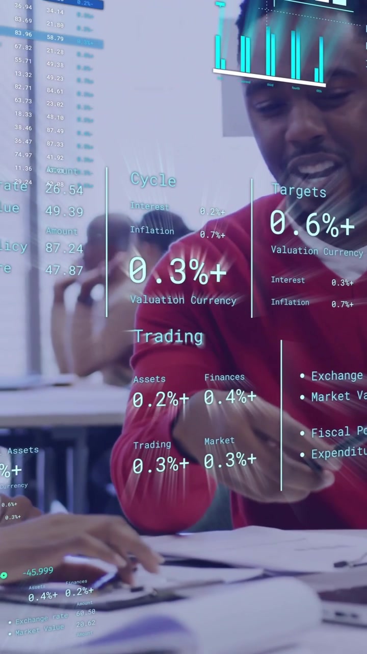 Animation of diagrams and data processing over african american colleagues discussing work in office