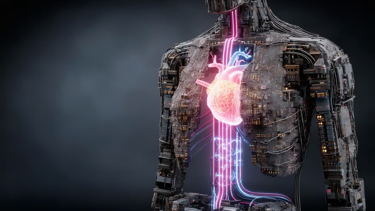 A Futuristic Representation of a Heart and Circulatory System Showcasing Advanced Biomechanical Structures in a Human-like Form