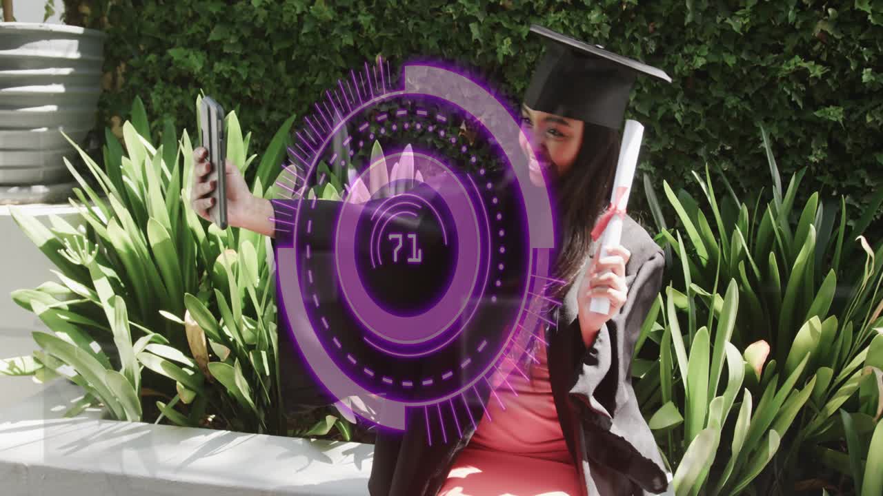Female graduate raising smartphone with diploma, celebrating while education HUD rotating numbers