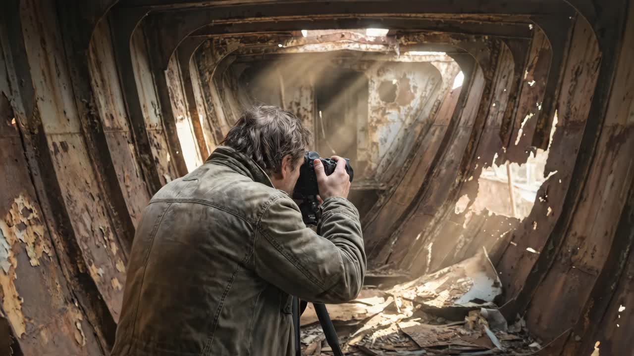 Fotograf fanger billeder inde i et rustent, forladt skibsvrag