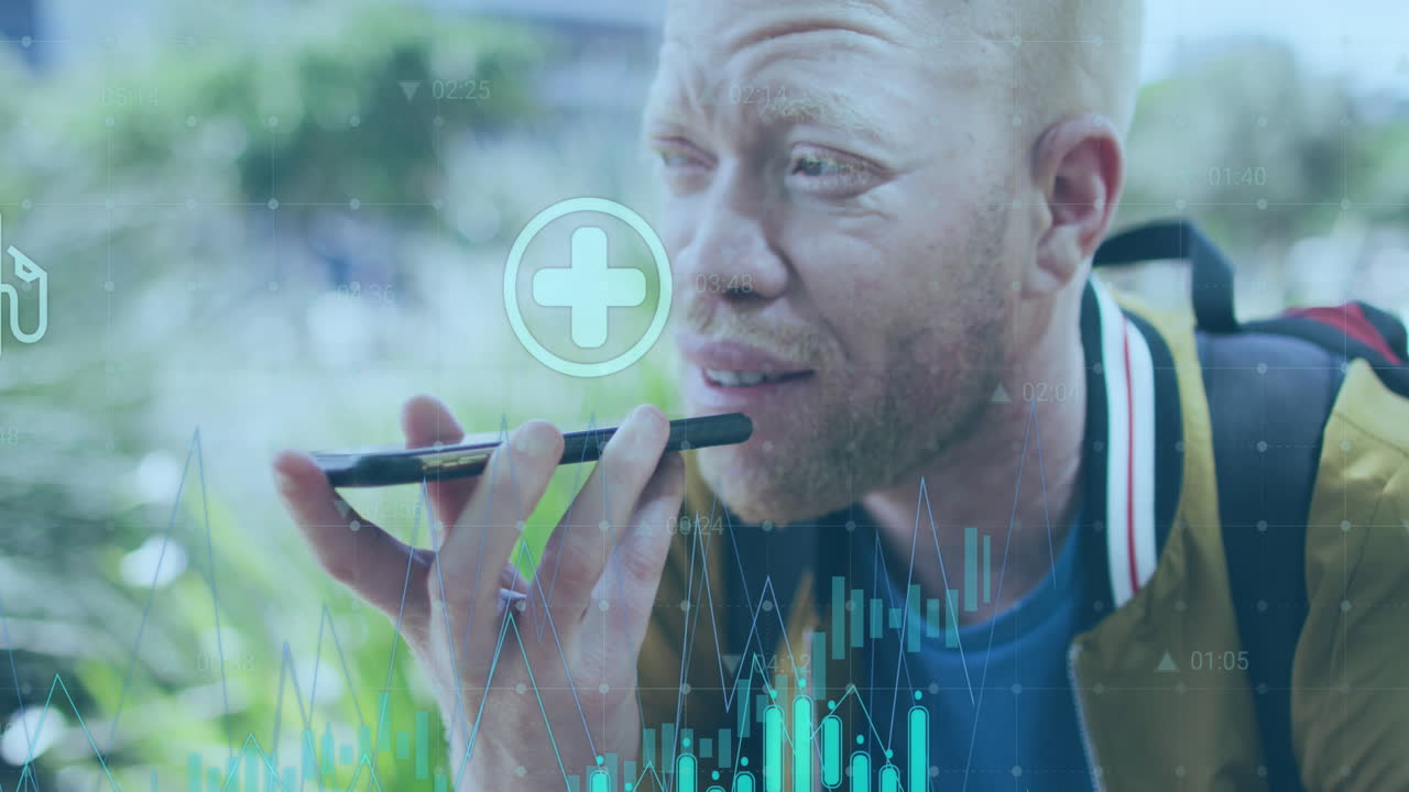 그래프, 아이콘 및 변하는 숫자의 애니메이션, 알비노 아프리카계 미국인 남자가 음성 보조를 사용합니다.