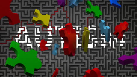 animación de piezas de rompecabezas que caen sobre texto de autismo y laberinto