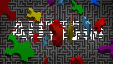 animation of puzzle pieces falling over autism text and maze