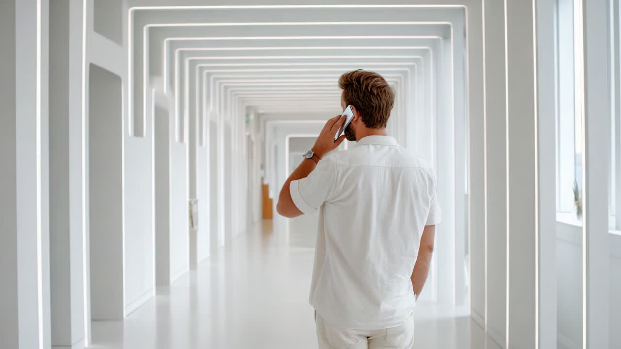 Giovane uomo in abito bianco che cammina attraverso un corridoio moderno e illuminato mentre parla al telefono, mettendo in mostra il design architettonico contemporaneo e la tecnologia