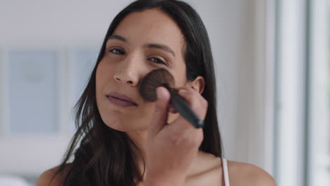 portrait beautiful woman getting ready applying makeup at home looking in mirror enjoying morning routine with natural beauty skincare cosmetics