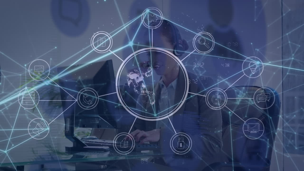 animación de la red de conexiones con iconos sobre las mujeres que usan auriculares de teléfono