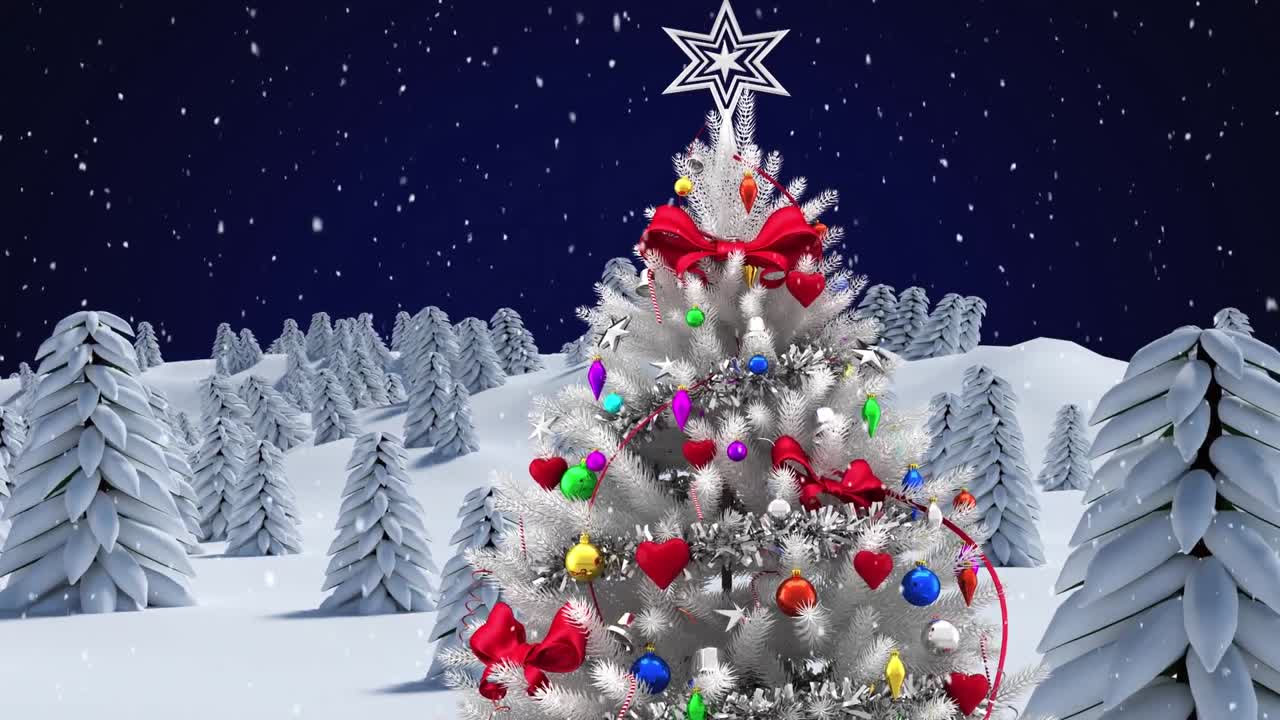 animación digital de la nieve cayendo sobre el árbol de navidad en el paisaje del viento contra el cielo nocturno