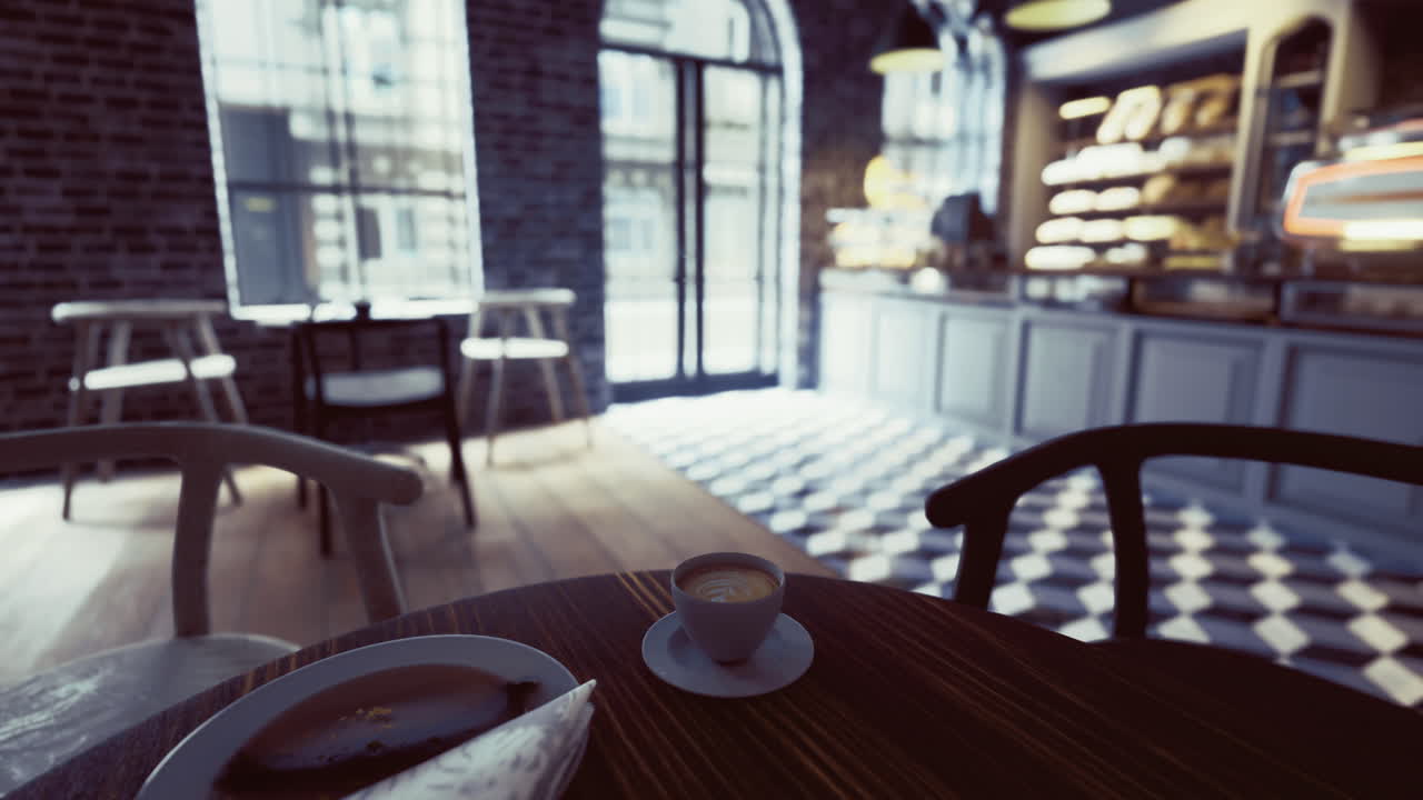 A cozy cafe features a wooden table with a small cup of coffee and a dessert