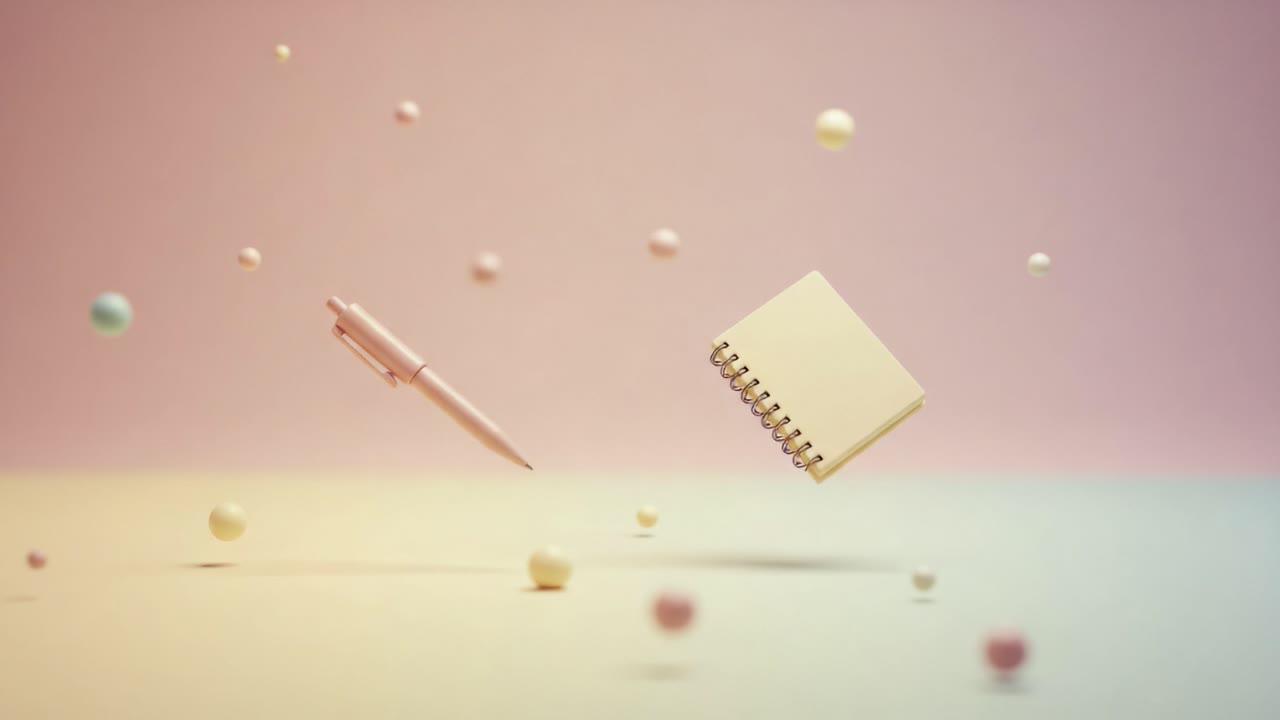 A Beautiful Composition of Floating Stationery Items: A Pen and Notepad Surrounded by Colorful Spheres in a Soft, Dreamy Background