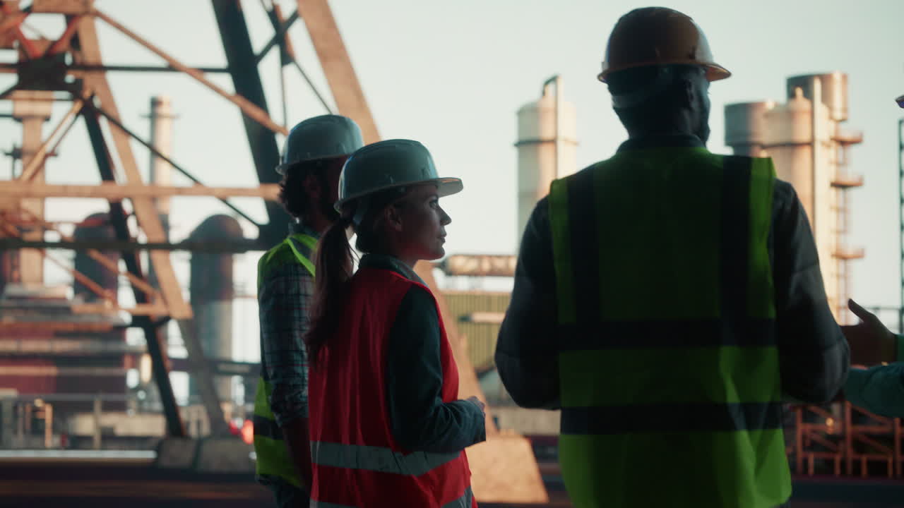 Industrial Workers in Hard Hats and Safety Vests at a Construction Site