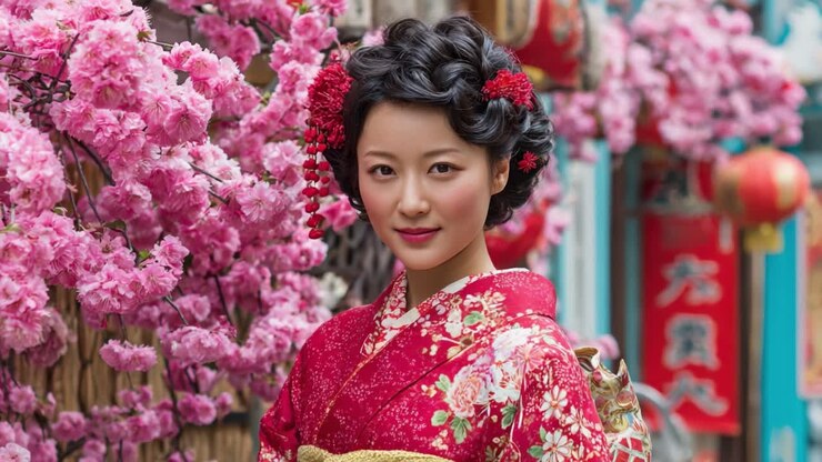 Una giovane donna aggraziata in abito tradizionale circondata da fiori di ciliegio rosa, che cattura un momento di eleganza e patrimonio culturale in un ambiente vibrante