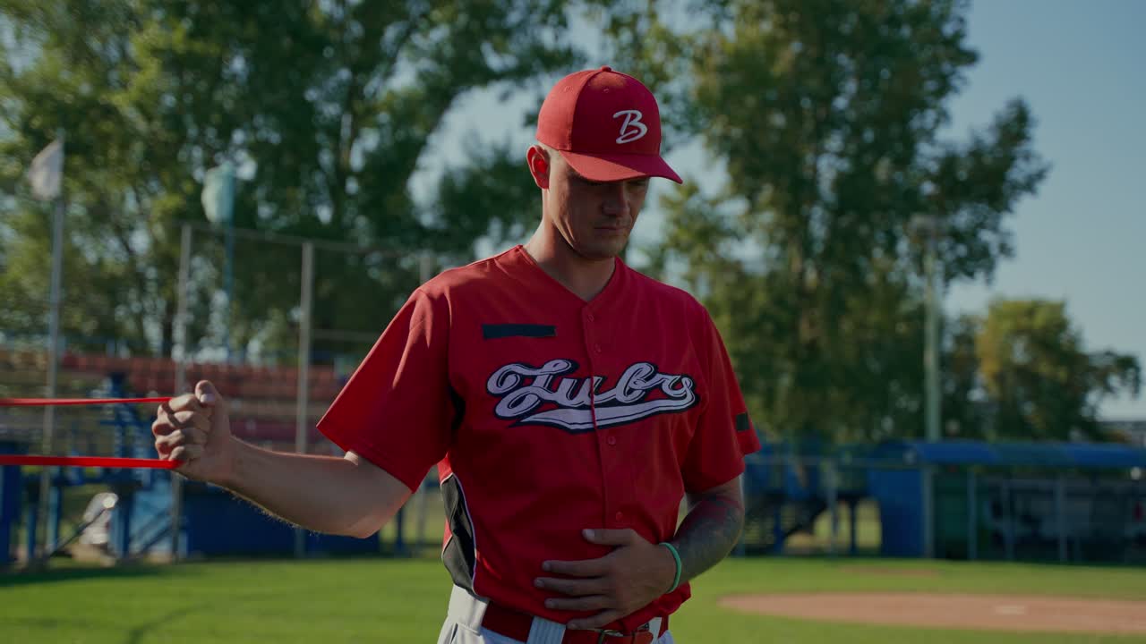 Giocatore di baseball che si allunga con fascia di resistenza