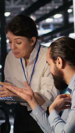 vertical video programmers doing brainstorming in server room, reviewing ai code