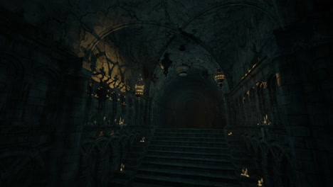 an ancient castle features a dark staircase leading upward