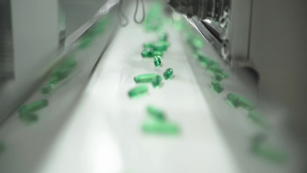 Focused green capsules moving on production line in pharmaceutical pill plant.