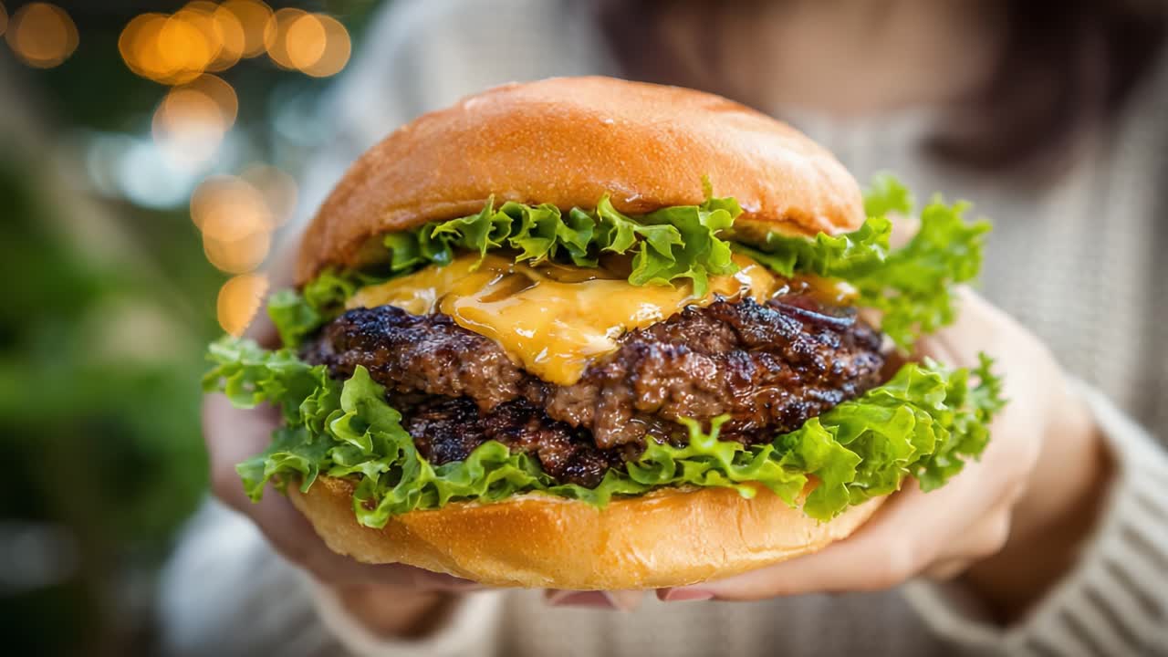 A Deliciously Crafted Cheeseburger with Layers of Fresh Lettuce, Juicy Beef Patties, and Melted Cheese, Perfectly Held in a Golden Bun