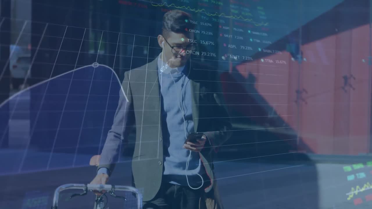 Animation of financial data processing over biracial businessman using smartphone