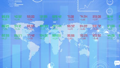 Animation-of-data-processing-and-statistics-recording-over-world-map-on-blue-background