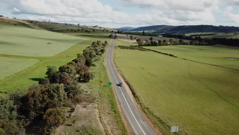 drone shot of car driving off into distance along straight country road lined by trees