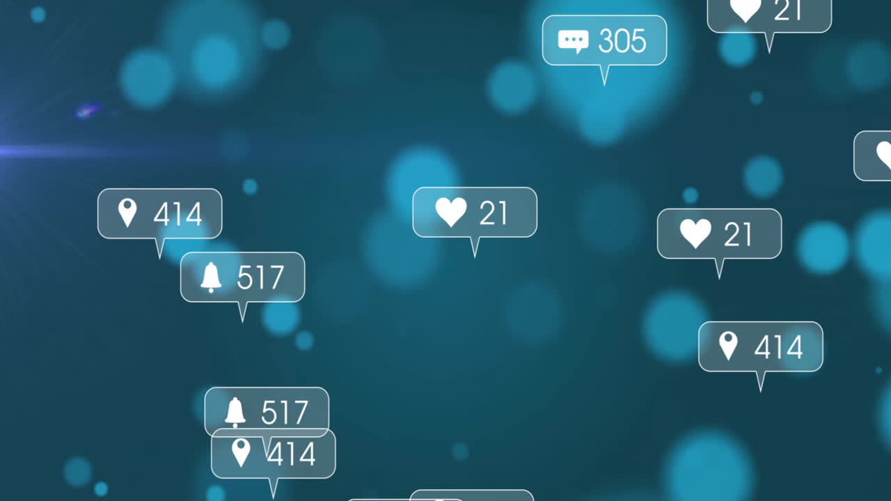 소셜 미디어 아이콘과 데이터의 애니메이션, 초점 밖의 도시 조명