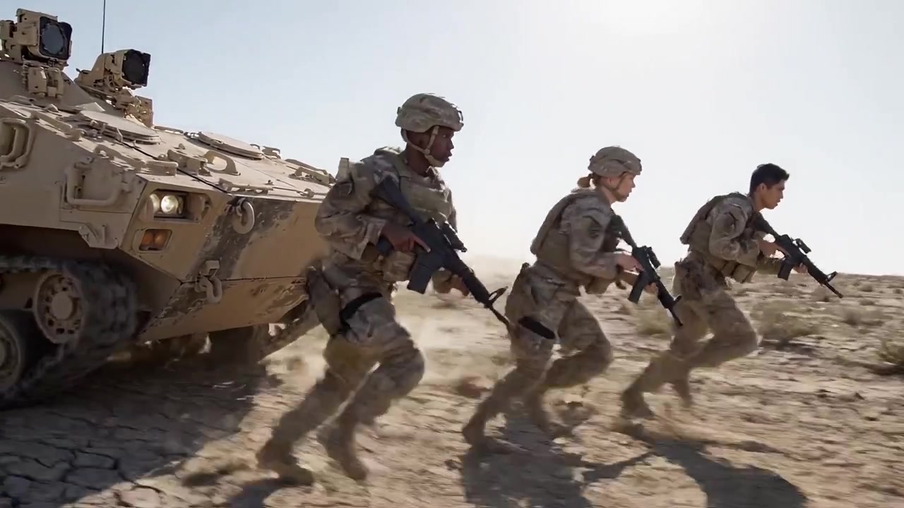 Il personale militare si impegna in manovre tattiche attraverso terreno arido, dimostrando lavoro di squadra e strategia durante un'operazione dinamica con veicoli blindati.