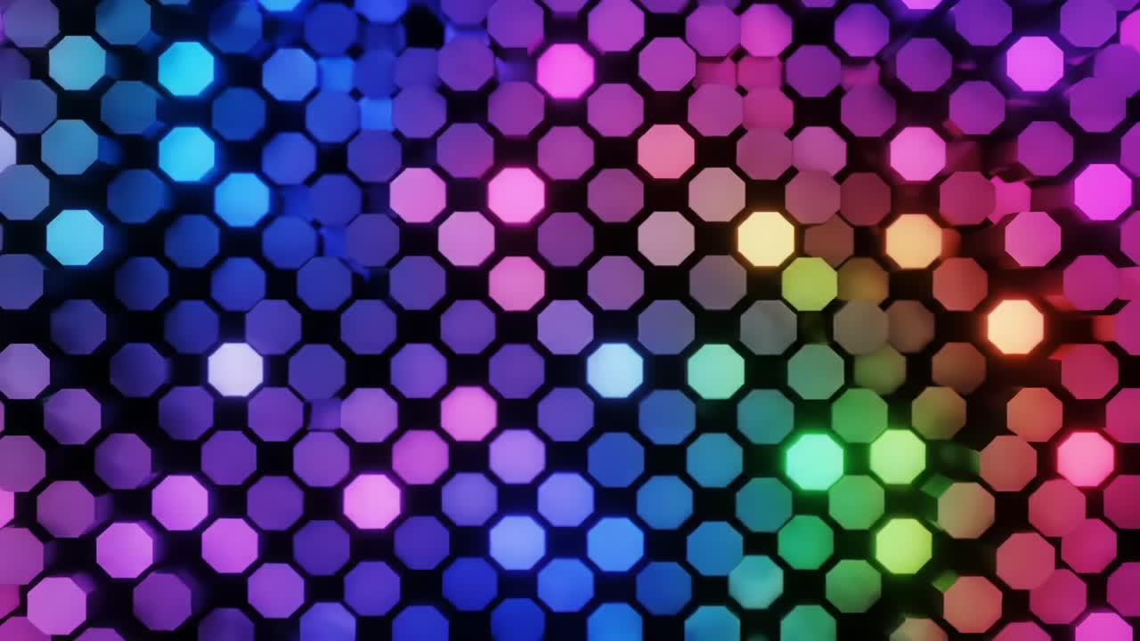 A Vibrant Abstract Composition Featuring Colorful Hexagonal Patterns with Dynamic Lighting, Creating a Mesmerizing Visual Experience from Multiple Angles