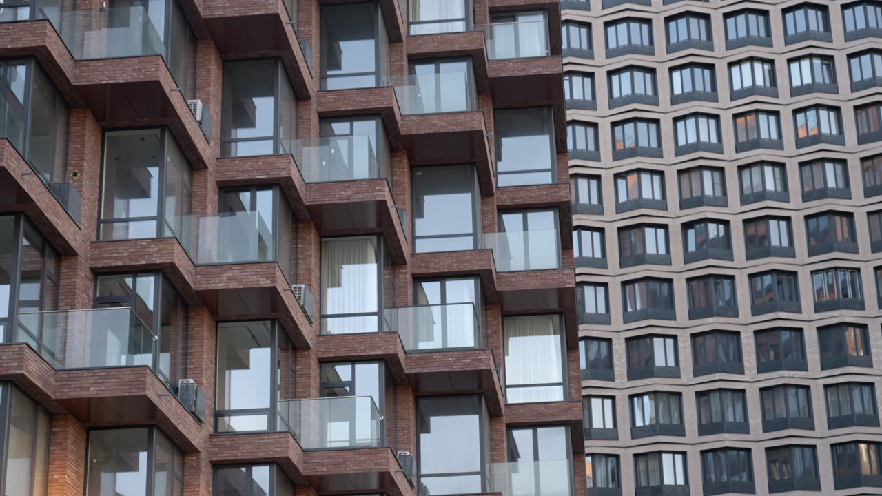 Modern Apartment Balconies And Glass Windows Showcase Repeating Brick Frames And Geometric Rhythm, Closeup. Creative