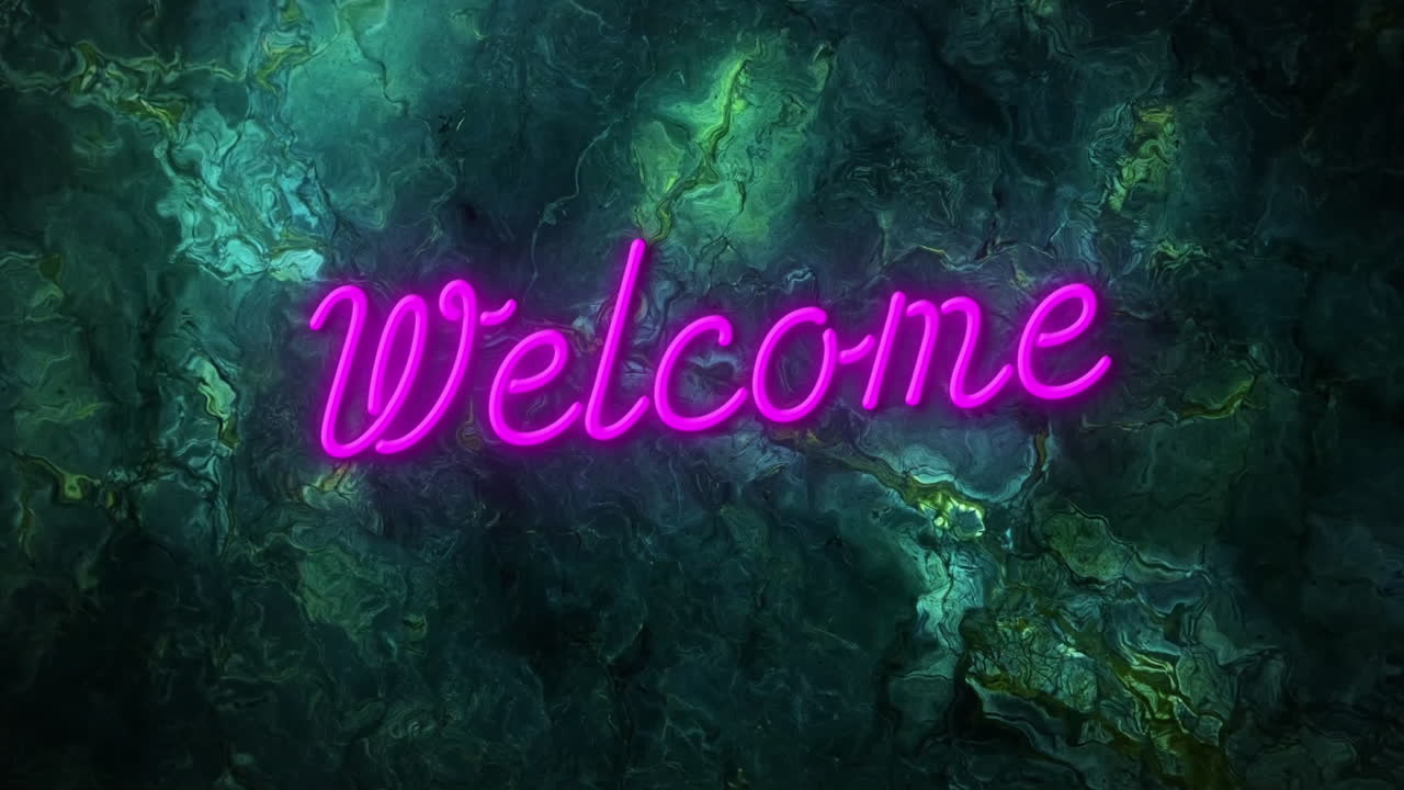 Animation of welcome text over shapes on black background