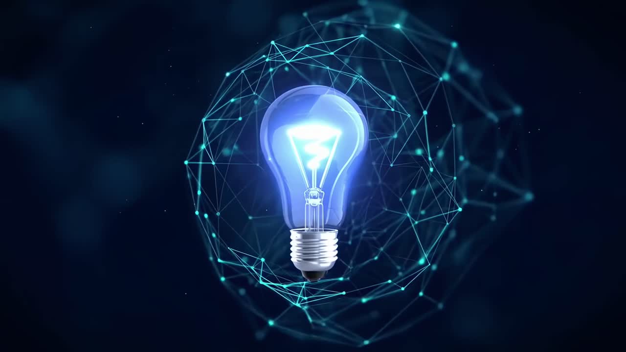 Un video di una lampadina luminosa circondata da una rete digitale, vista frontalmente.