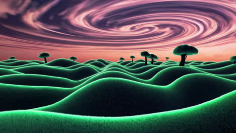 a vibrant, surreal landscape with wavy green hills and a swirling sky