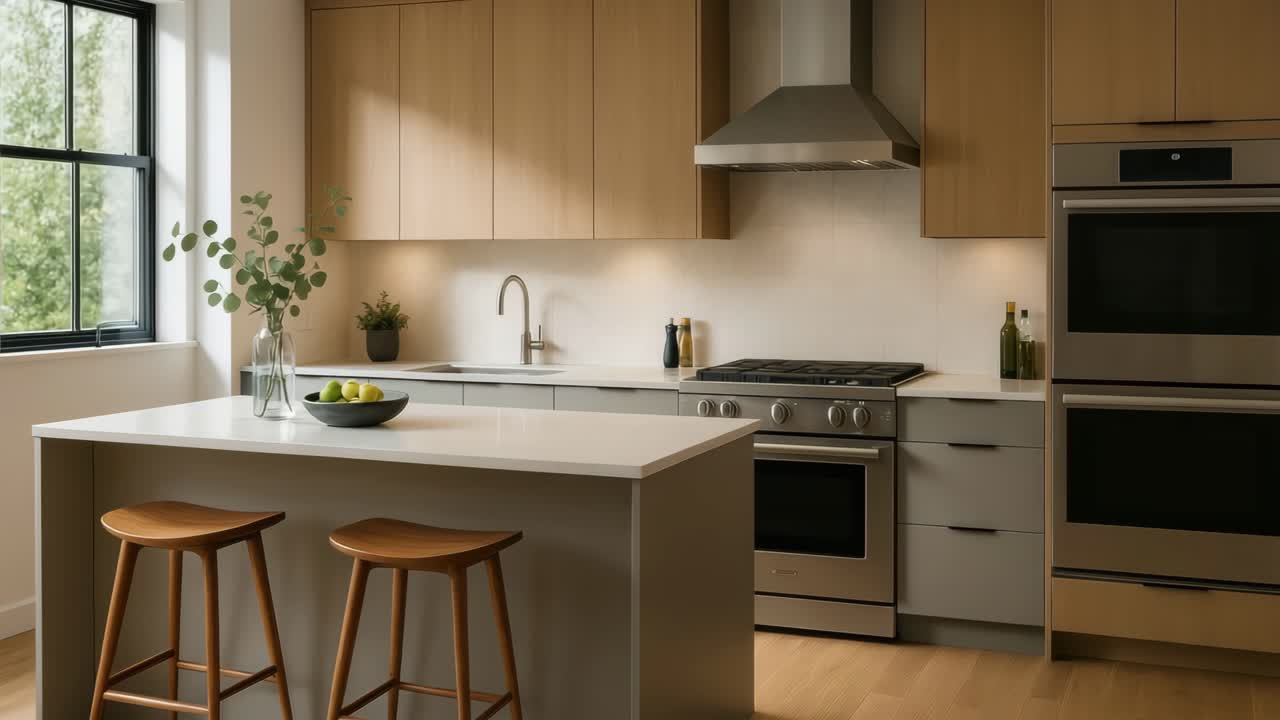 Modern kitchen with wooden cabinets and island, shot from a wide-angle perspective
